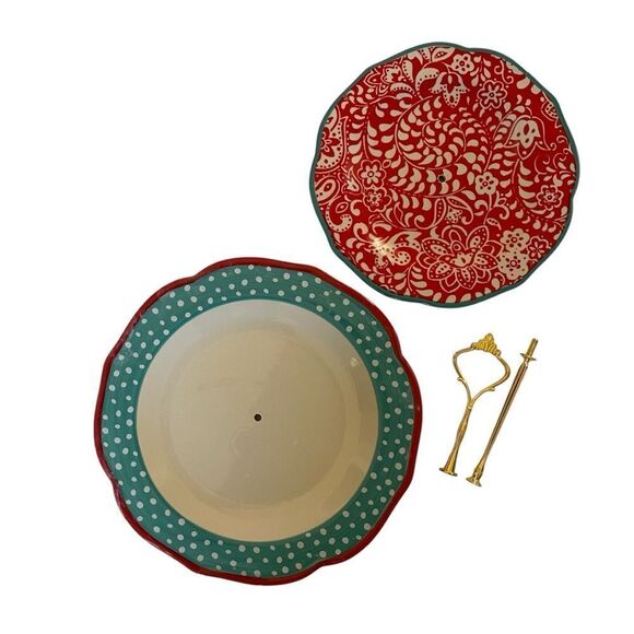 PIONEER WOMAN CUPCAKE DESSERT STAND 2-TIER Travelling Vines Teal White Dots NWOT - Picture 2 of 8